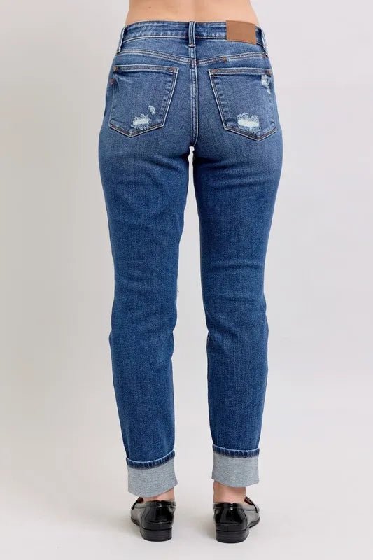 Judy Blue Plus Size Mid Rise Boyfriend Destroyed Jeans with Yoke Pockets and Faux Selvedge Cuff - AMVIM