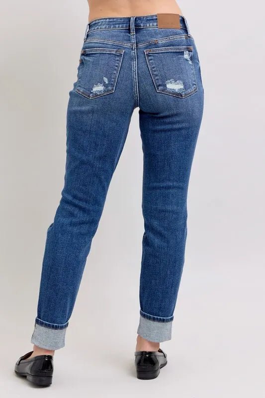 Judy Blue Plus Size Mid Rise Boyfriend Destroyed Jeans with Yoke Pockets and Faux Selvedge Cuff - AMVIM