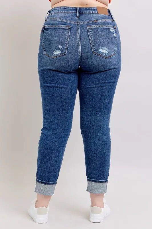 Judy Blue Plus Size Mid Rise Boyfriend Destroyed Jeans with Yoke Pockets and Faux Selvedge Cuff - AMVIM