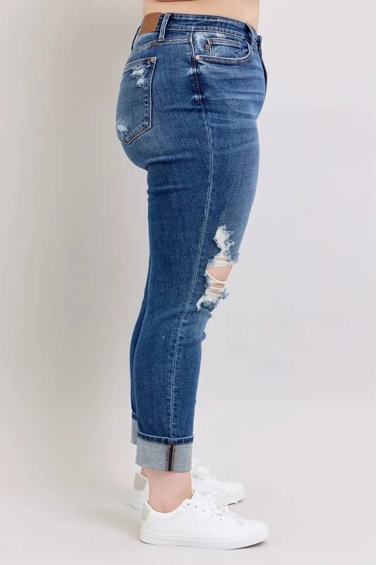 Judy Blue Plus Size Mid Rise Boyfriend Destroyed Jeans with Yoke Pockets and Faux Selvedge Cuff - AMVIM