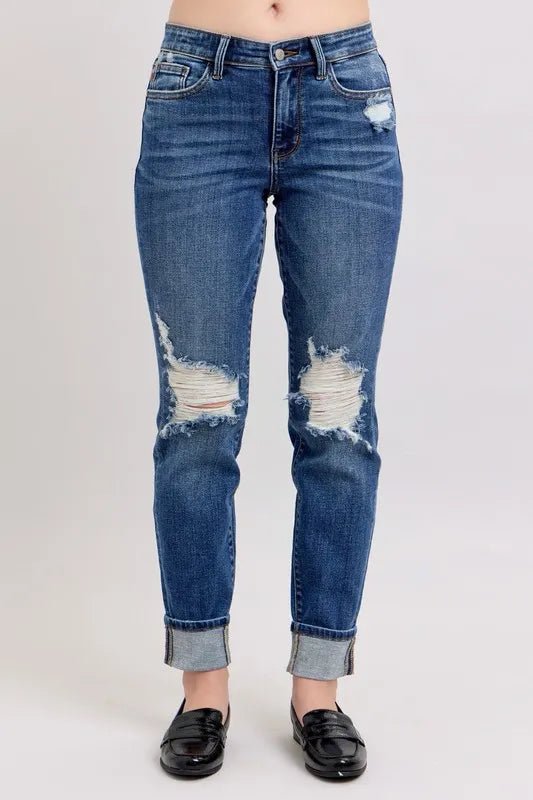 Judy Blue Plus Size Mid Rise Boyfriend Destroyed Jeans with Yoke Pockets and Faux Selvedge Cuff - AMVIM