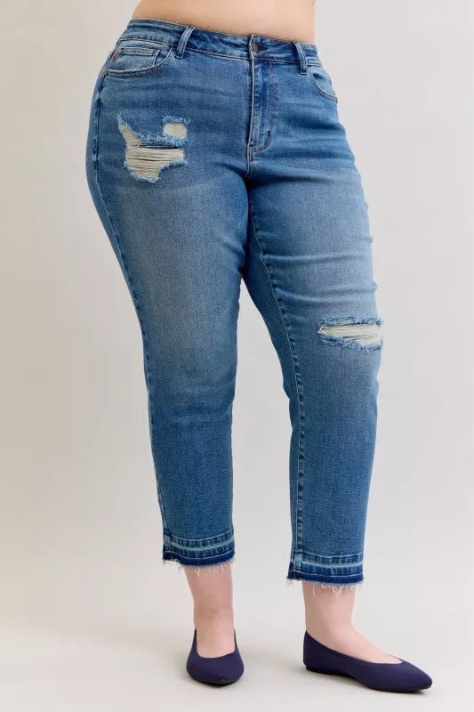 Judy Blue Plus Size Mid Rise Boyfriend Patch &amp; Repair Distressed Release Hem Jeans - AMVIM