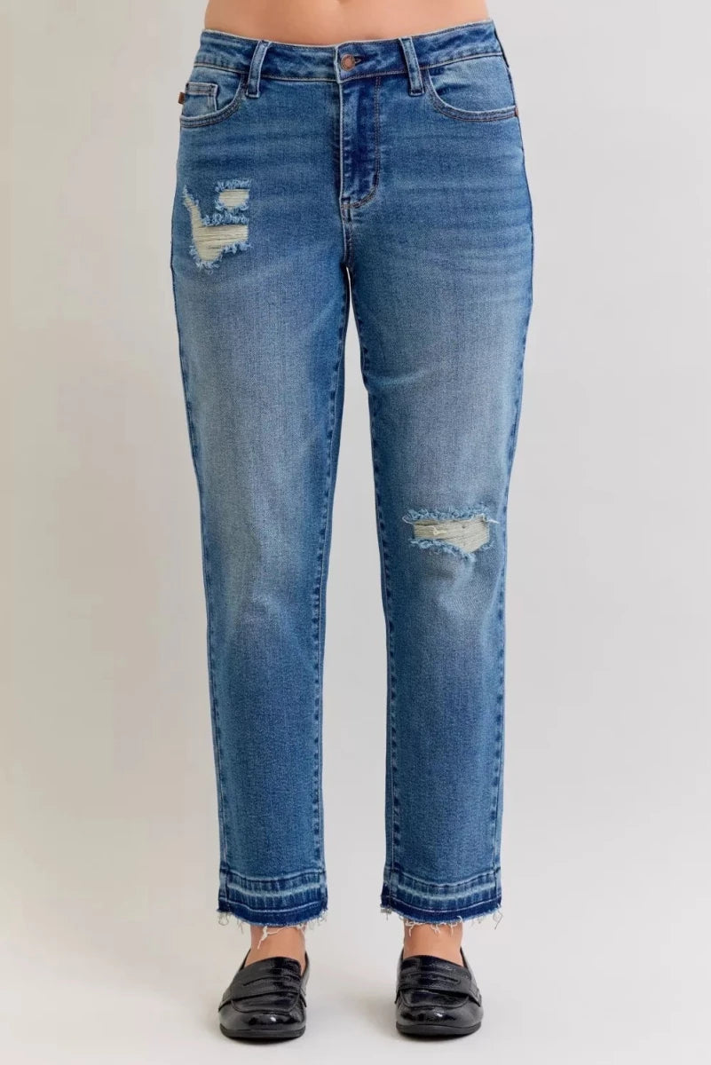 Judy Blue Plus Size Mid Rise Boyfriend Patch &amp; Repair Distressed Release Hem Jeans - AMVIM