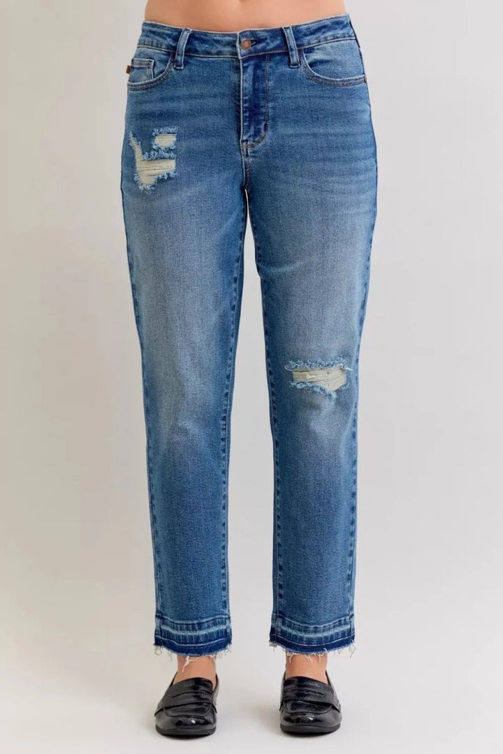 Judy Blue Plus Size Mid Rise Boyfriend Patch &amp; Repair Distressed Release Hem Jeans - AMVIM