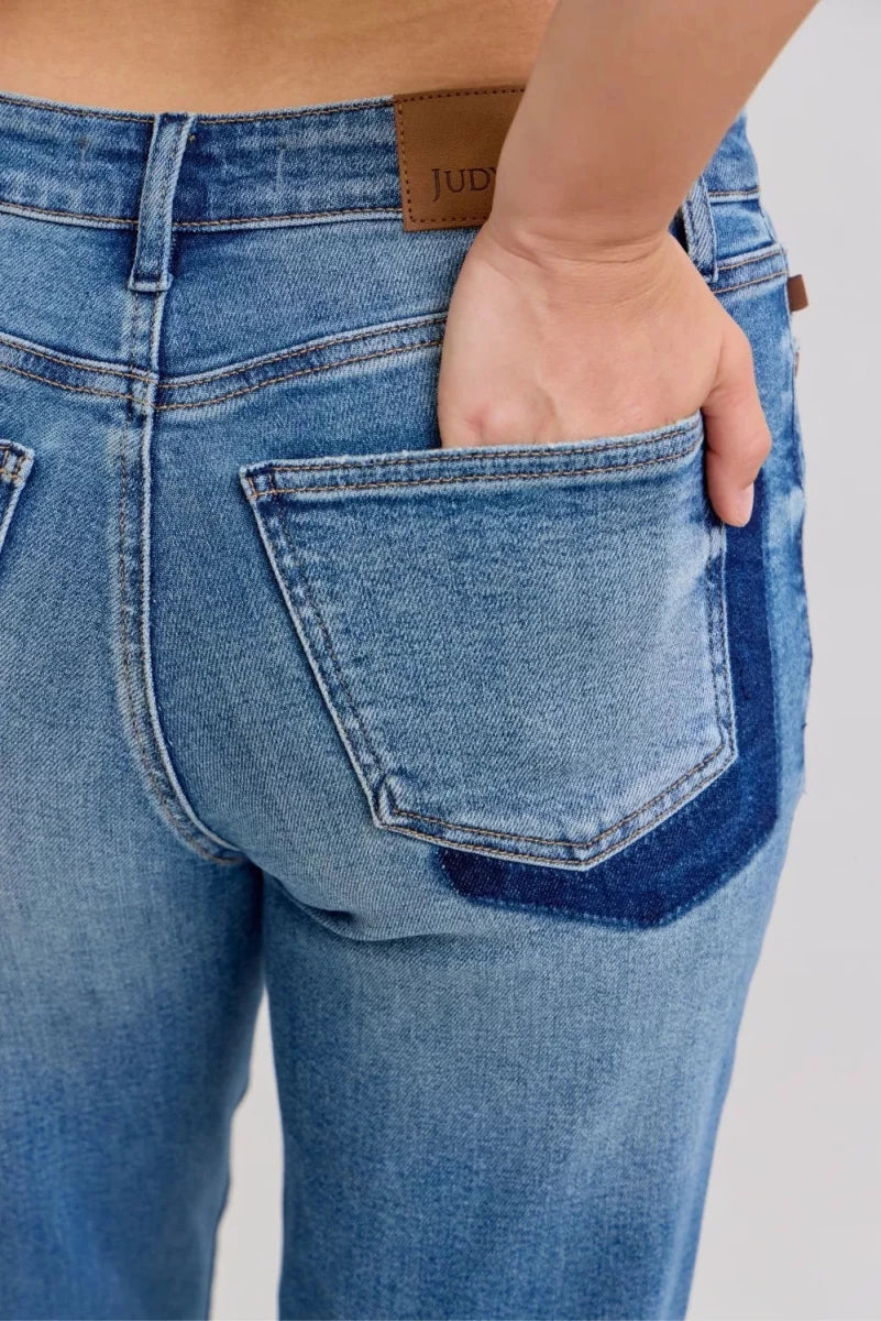 Judy Blue Plus Size Mid Rise Boyfriend Patch &amp; Repair Distressed Release Hem Jeans - AMVIM