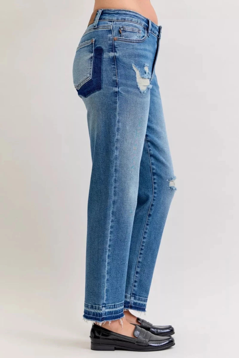 Judy Blue Plus Size Mid Rise Boyfriend Patch &amp; Repair Distressed Release Hem Jeans - AMVIM