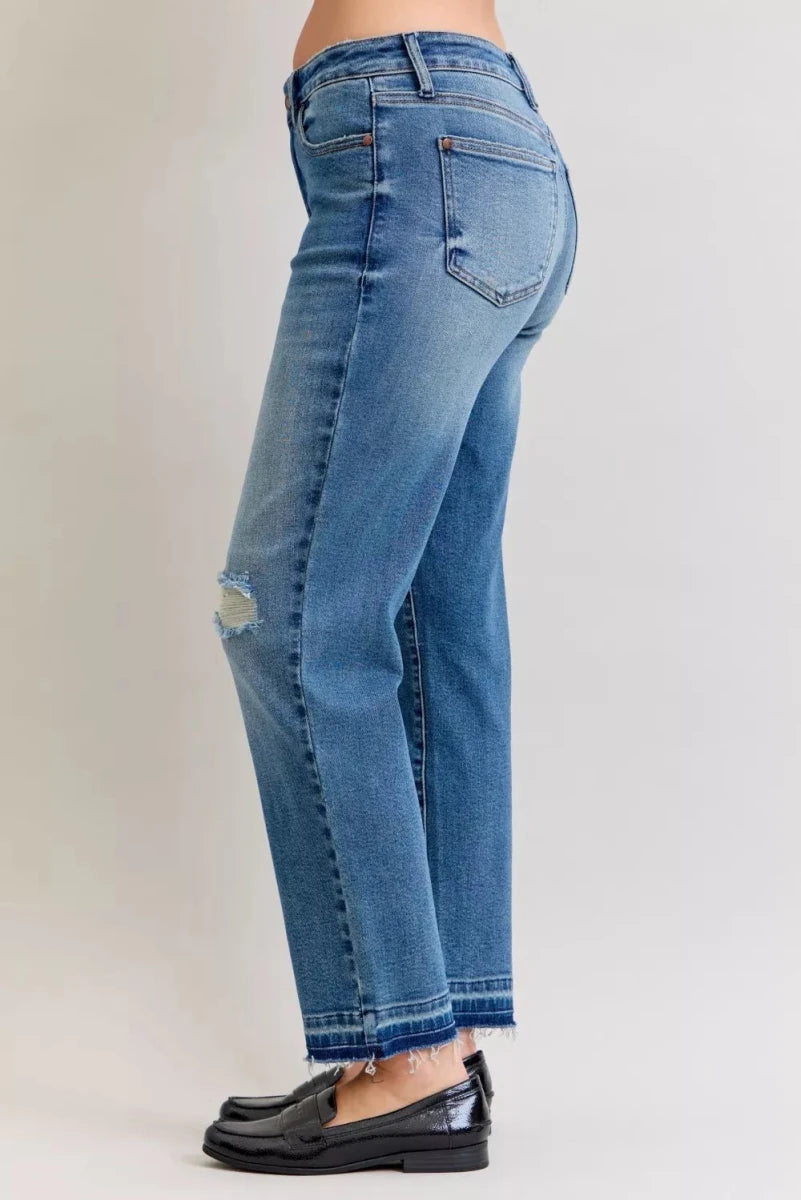 Judy Blue Plus Size Mid Rise Boyfriend Patch &amp; Repair Distressed Release Hem Jeans - AMVIM