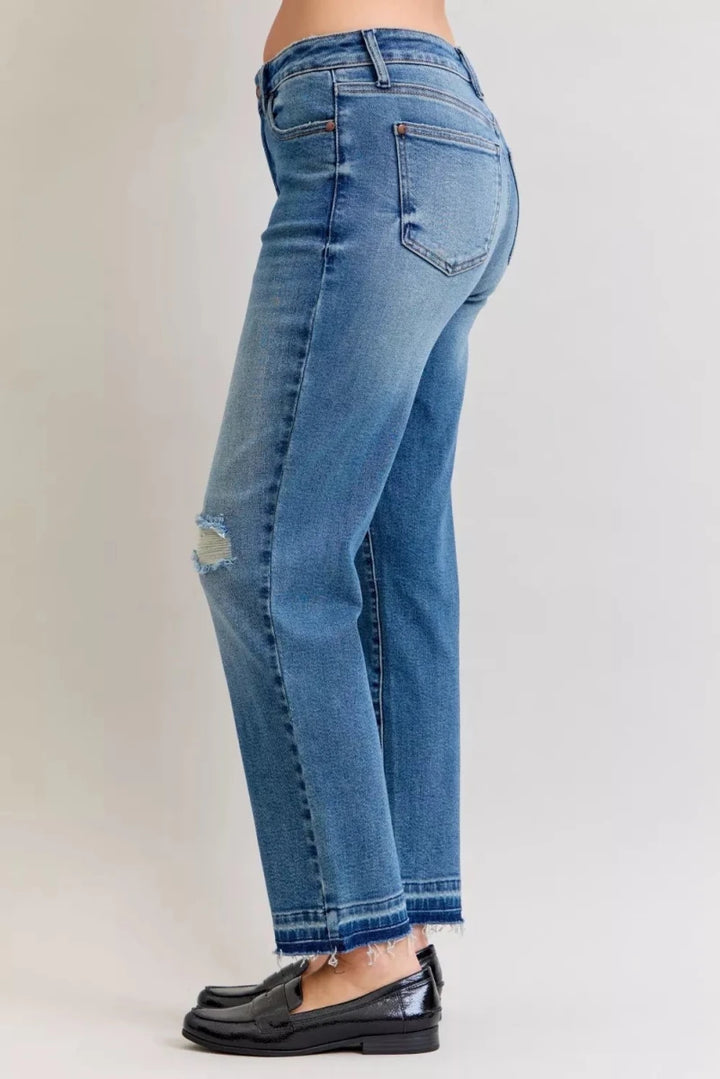 Judy Blue Plus Size Mid Rise Boyfriend Patch &amp; Repair Distressed Release Hem Jeans - AMVIM