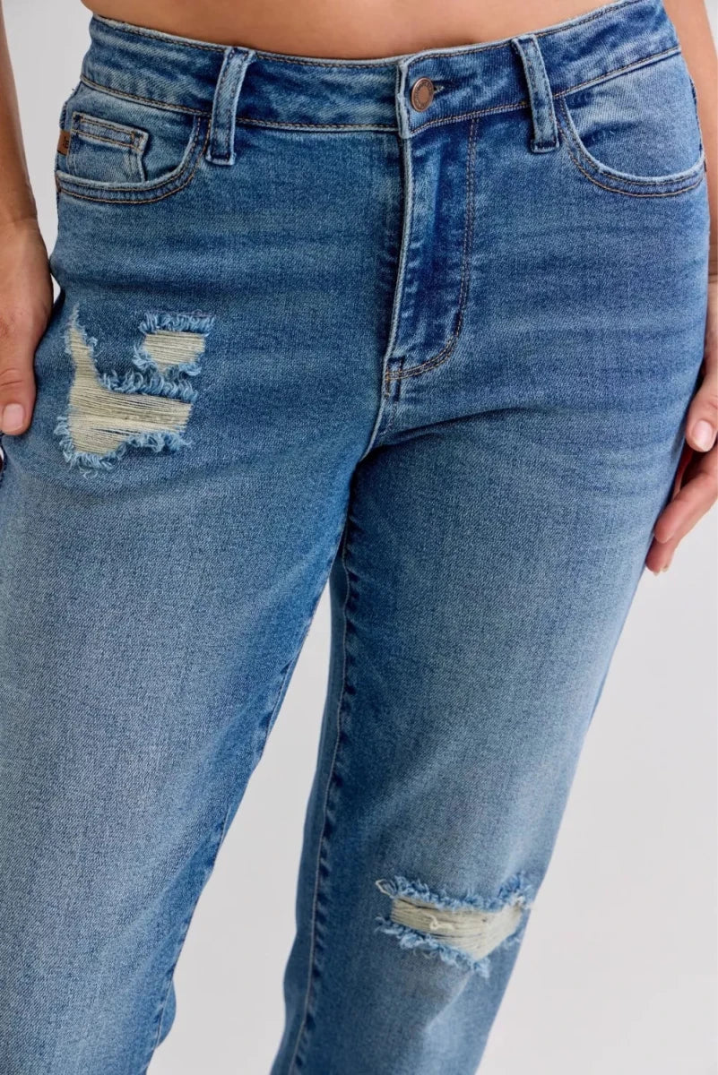 Judy Blue Plus Size Mid Rise Boyfriend Patch &amp; Repair Distressed Release Hem Jeans - AMVIM