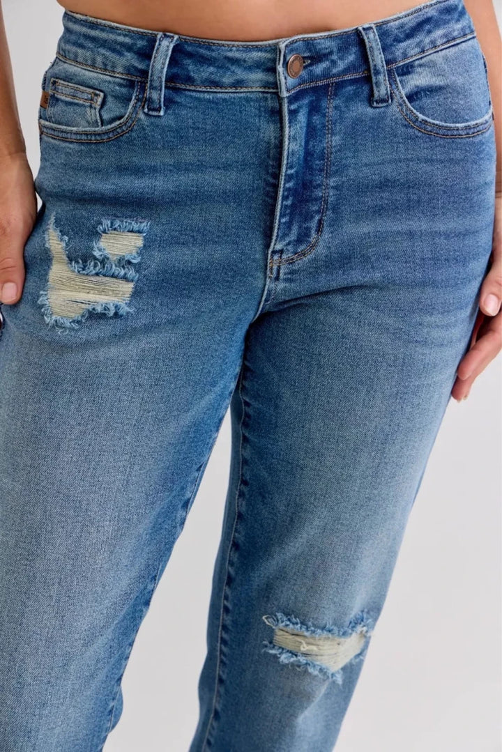 Judy Blue Plus Size Mid Rise Boyfriend Patch &amp; Repair Distressed Release Hem Jeans - AMVIM