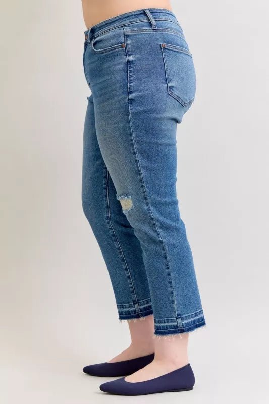 Judy Blue Plus Size Mid Rise Boyfriend Patch &amp; Repair Distressed Release Hem Jeans - AMVIM