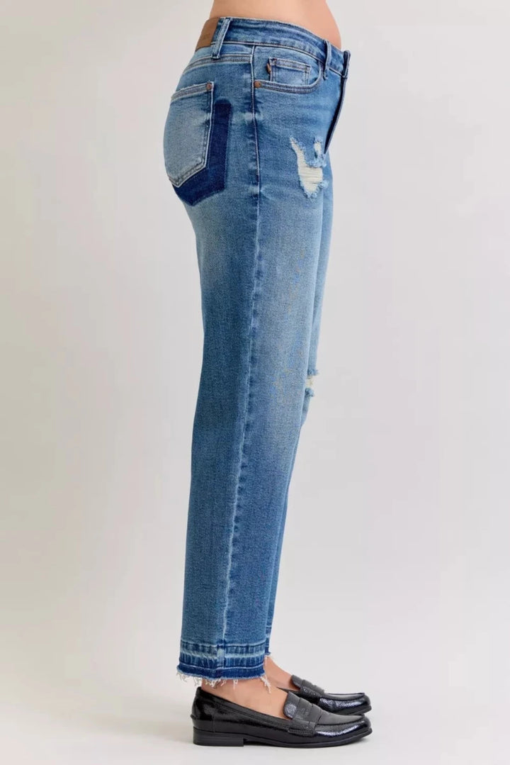 Judy Blue Plus Size Mid Rise Boyfriend Patch &amp; Repair Distressed Release Hem Jeans - AMVIM