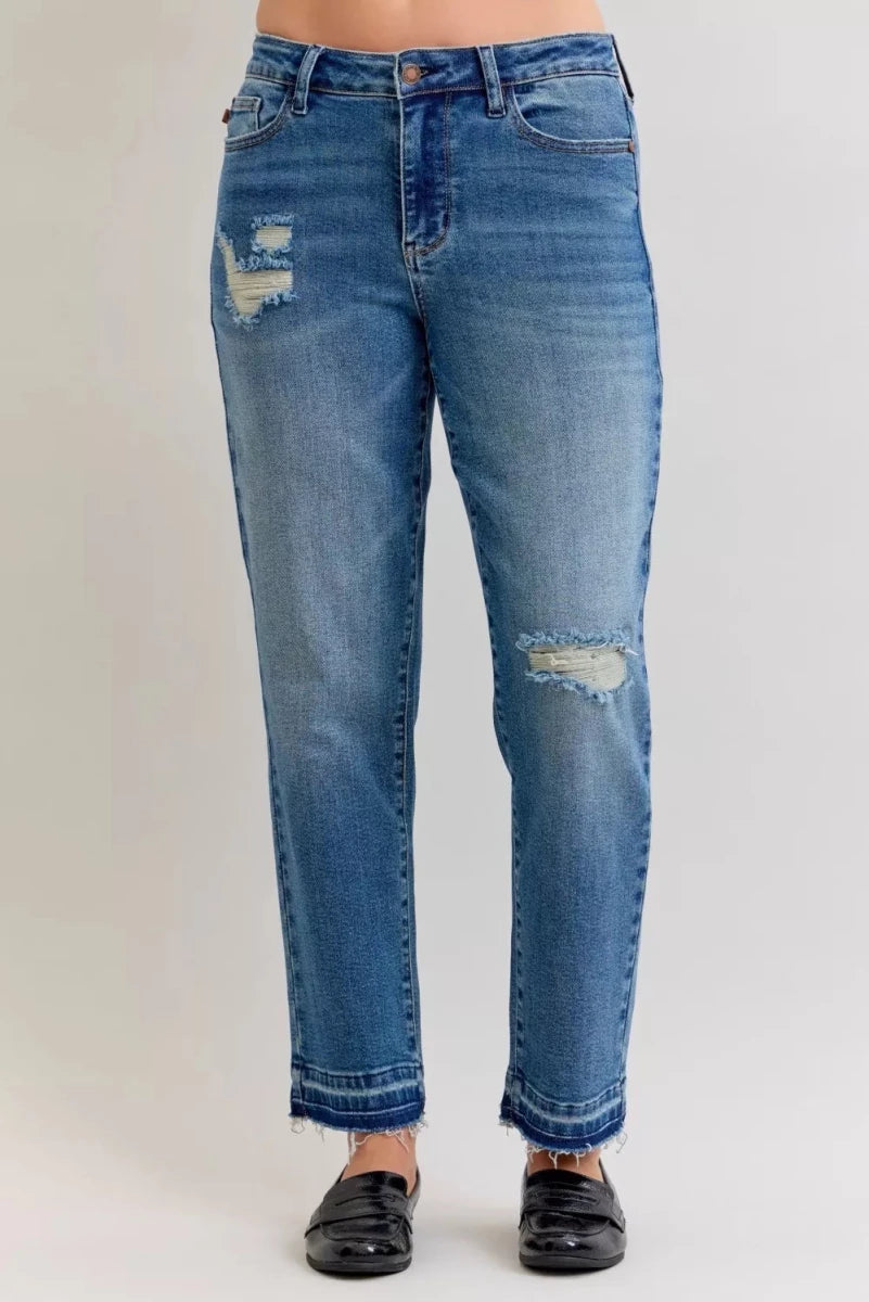 Judy Blue Plus Size Mid Rise Boyfriend Patch &amp; Repair Distressed Release Hem Jeans - AMVIM