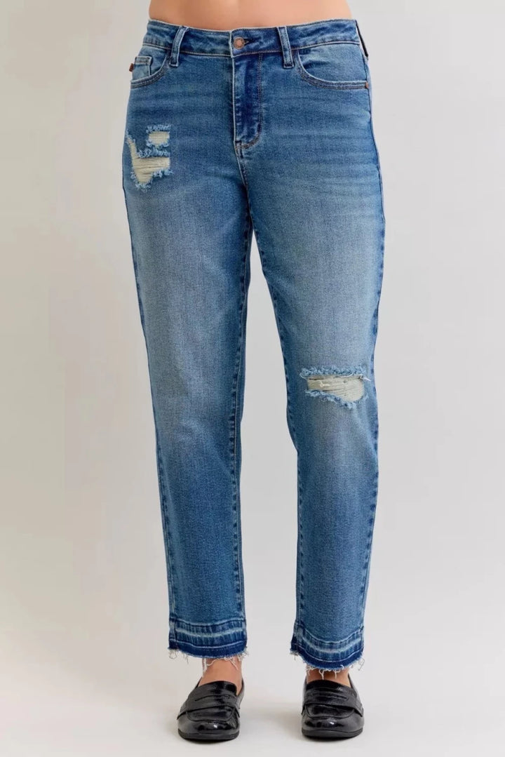 Judy Blue Plus Size Mid Rise Boyfriend Patch &amp; Repair Distressed Release Hem Jeans - AMVIM