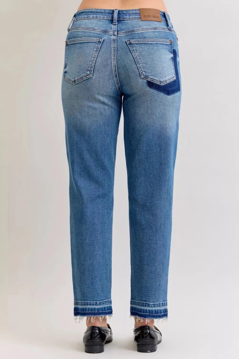 Judy Blue Plus Size Mid Rise Boyfriend Patch &amp; Repair Distressed Release Hem Jeans - AMVIM