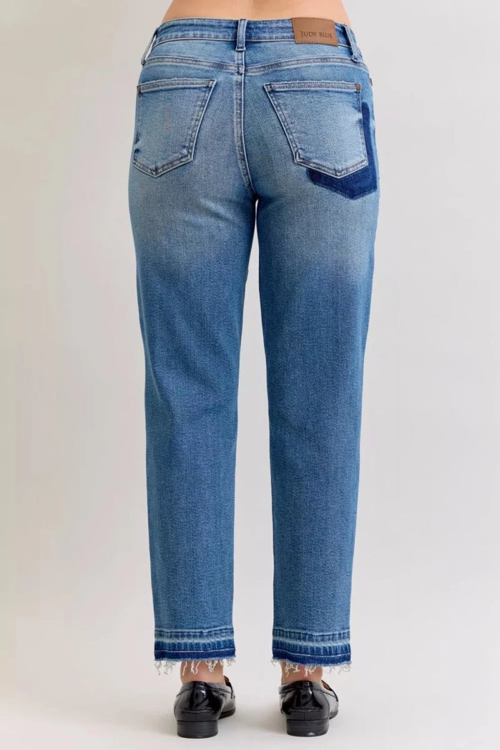 Judy Blue Plus Size Mid Rise Boyfriend Patch &amp; Repair Distressed Release Hem Jeans - AMVIM