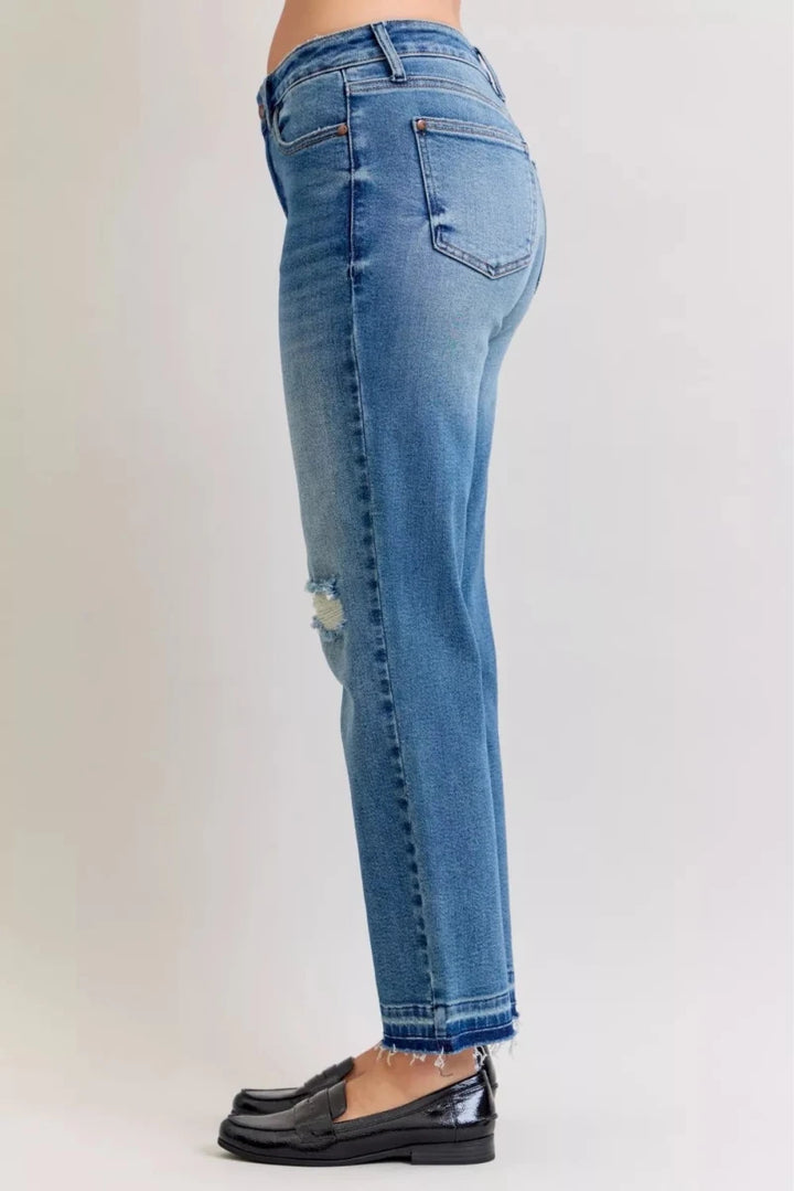 Judy Blue Plus Size Mid Rise Boyfriend Patch &amp; Repair Distressed Release Hem Jeans - AMVIM