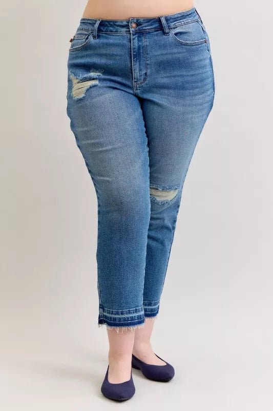 Judy Blue Plus Size Mid Rise Boyfriend Patch &amp; Repair Distressed Release Hem Jeans - AMVIM