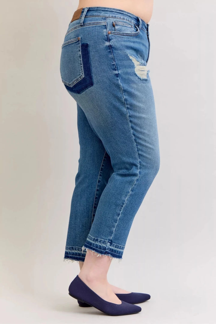 Judy Blue Plus Size Mid Rise Boyfriend Patch &amp; Repair Distressed Release Hem Jeans - AMVIM