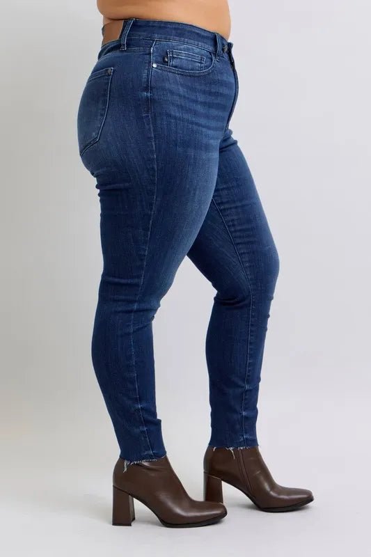 Judy Blue Plus Size Mid Rise Skinny Jeans with Raw Hem - AMVIM