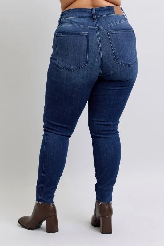 Judy Blue Plus Size Mid Rise Skinny Jeans with Raw Hem - AMVIM