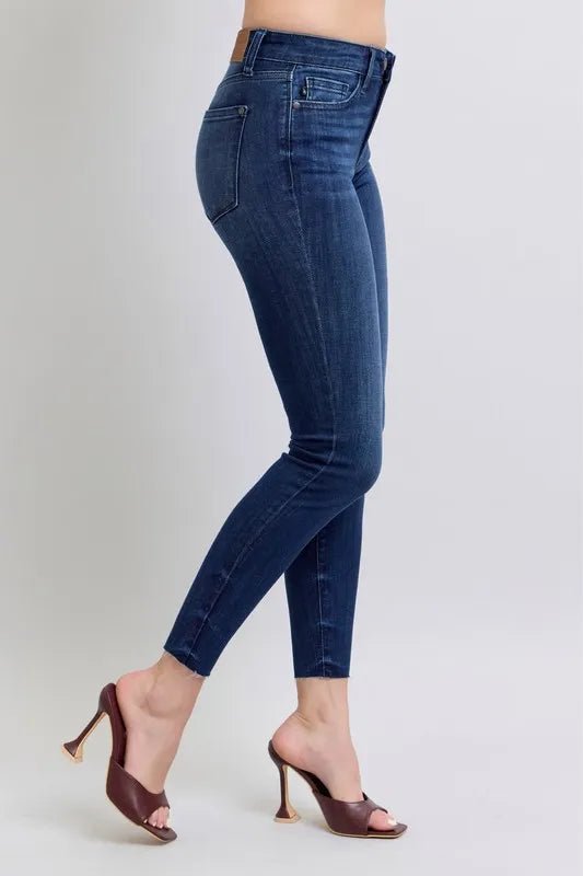 Judy Blue Plus Size Mid Rise Skinny Jeans with Raw Hem - AMVIM