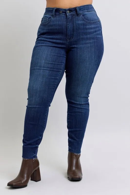 Judy Blue Plus Size Mid Rise Skinny Jeans with Raw Hem - AMVIM