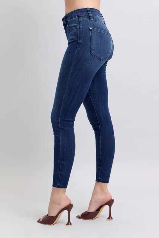 Judy Blue Plus Size Mid Rise Skinny Jeans with Raw Hem - AMVIM
