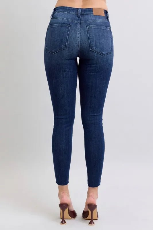 Judy Blue Plus Size Mid Rise Skinny Jeans with Raw Hem - AMVIM