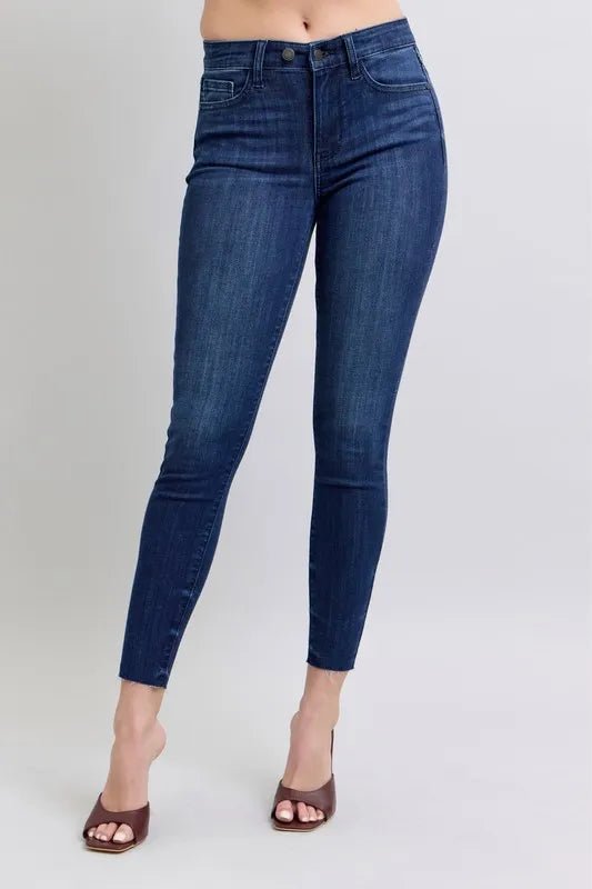 Judy Blue Plus Size Mid Rise Skinny Jeans with Raw Hem - AMVIM