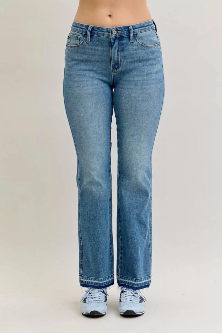 Judy Blue Plus Size Mid Rise Slim Bootcut Tummy Control Jeans with Release Hem - AMVIM