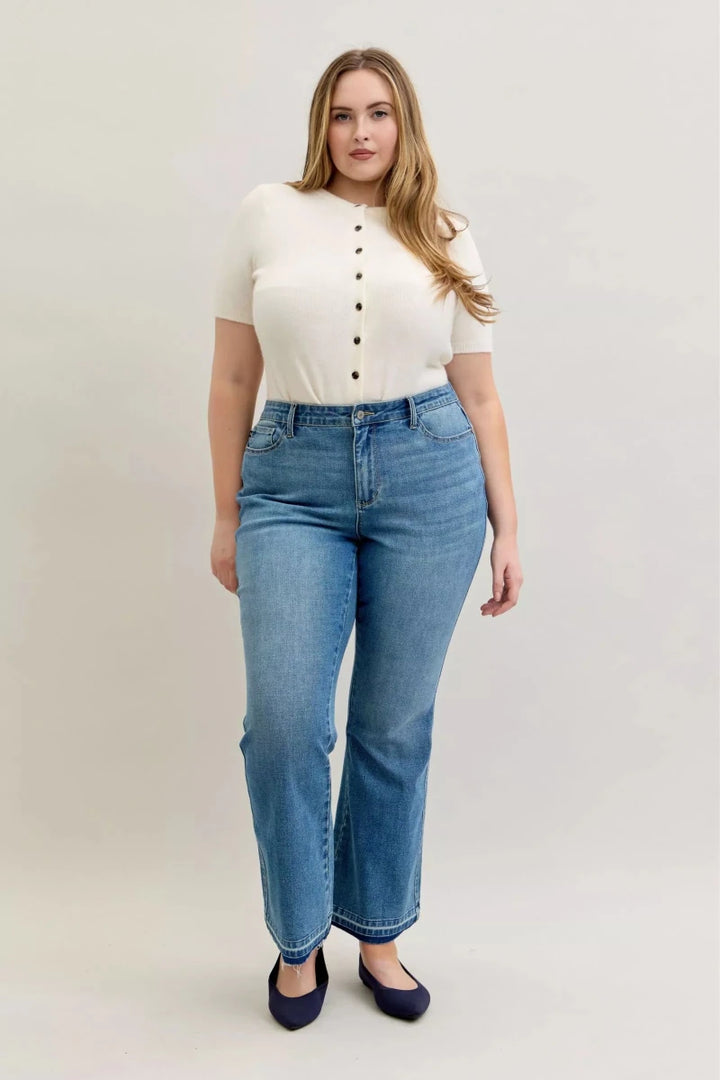 Judy Blue Plus Size Mid Rise Slim Bootcut Tummy Control Jeans with Release Hem - AMVIM