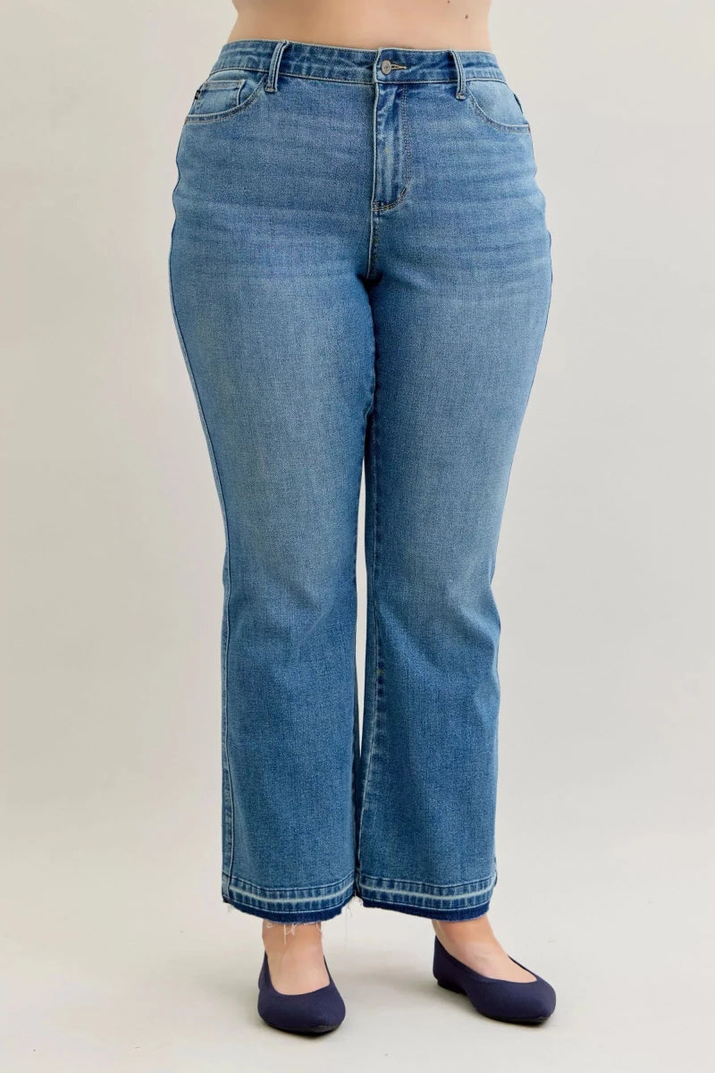 Judy Blue Plus Size Mid Rise Slim Bootcut Tummy Control Jeans with Release Hem - AMVIM