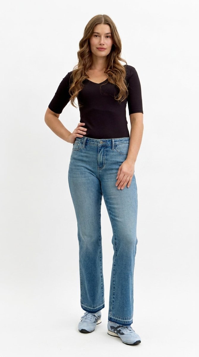 Judy Blue Plus Size Mid Rise Slim Bootcut Tummy Control Jeans with Release Hem - AMVIM