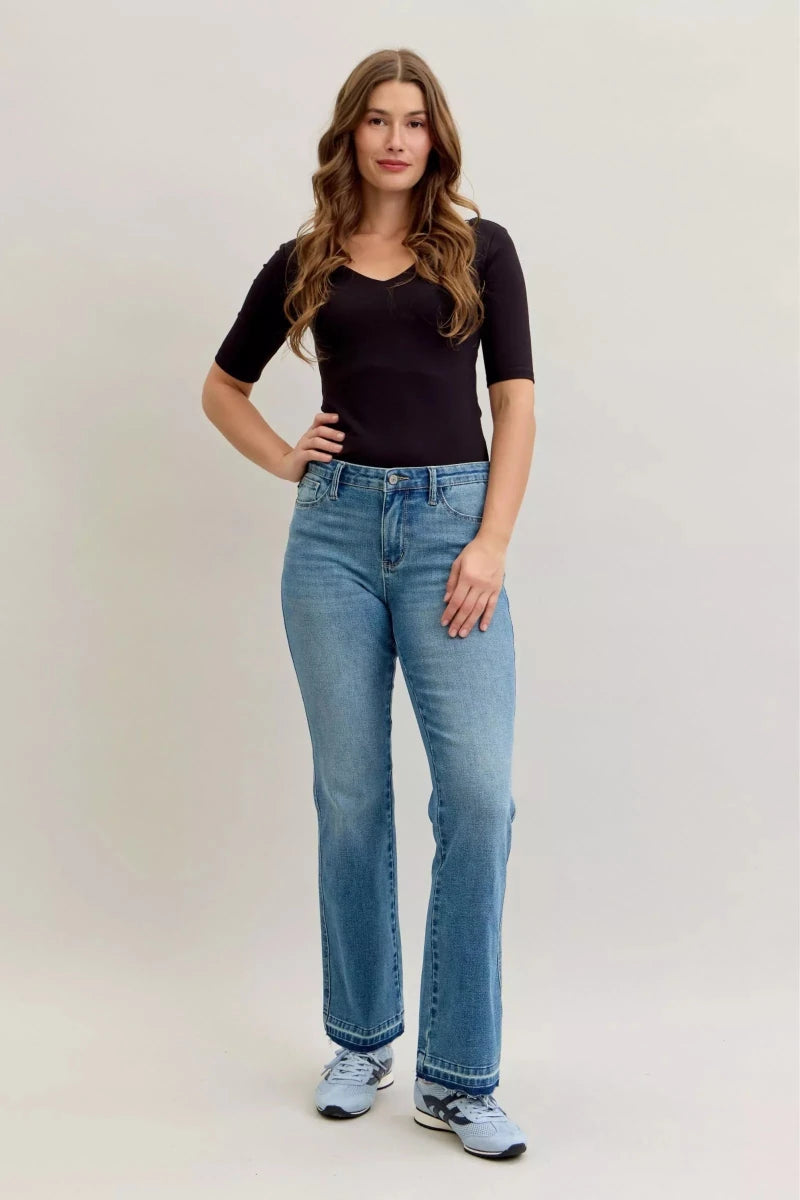 Judy Blue Plus Size Mid Rise Slim Bootcut Tummy Control Jeans with Release Hem - AMVIM