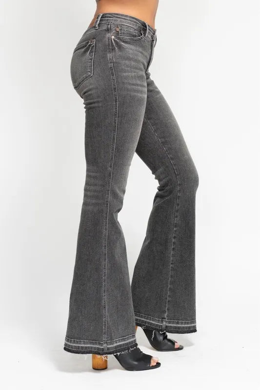 Judy Blue Plus Size Mid Rise Tummy Control Washed Gray Flare Jeans - AMVIM