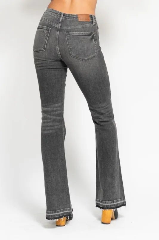 Judy Blue Plus Size Mid Rise Tummy Control Washed Gray Flare Jeans - AMVIM