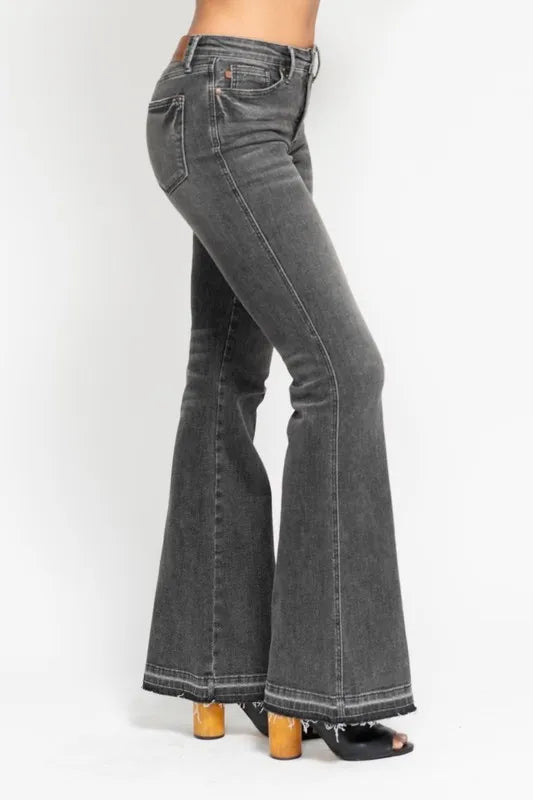 Judy Blue Plus Size Mid Rise Tummy Control Washed Gray Flare Jeans - AMVIM