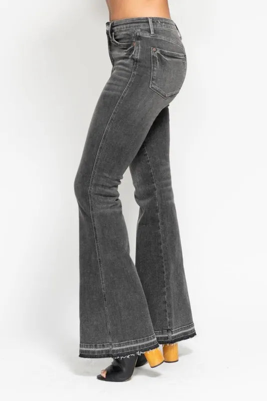 Judy Blue Plus Size Mid Rise Tummy Control Washed Gray Flare Jeans - AMVIM