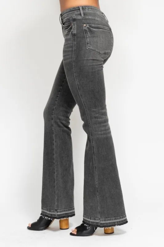 Judy Blue Plus Size Mid Rise Tummy Control Washed Gray Flare Jeans - AMVIM