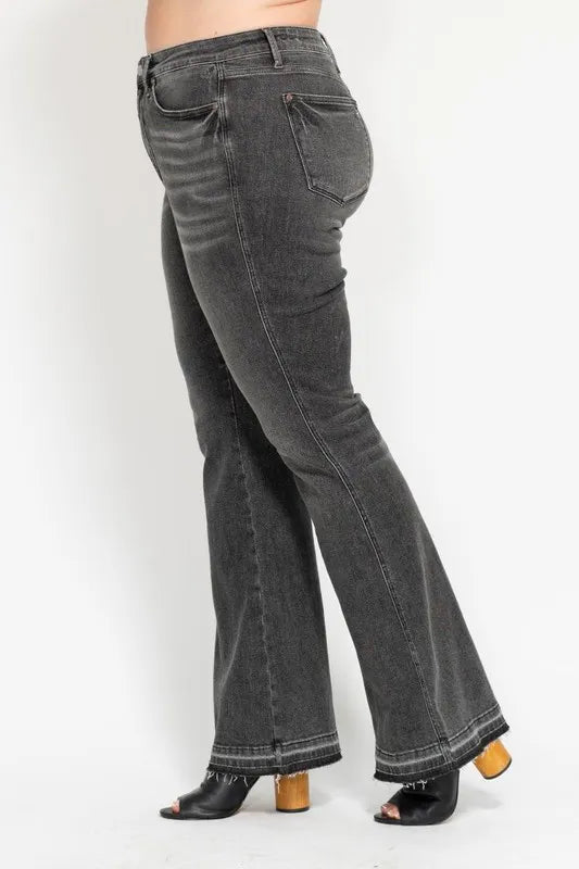 Judy Blue Plus Size Mid Rise Tummy Control Washed Gray Flare Jeans - AMVIM