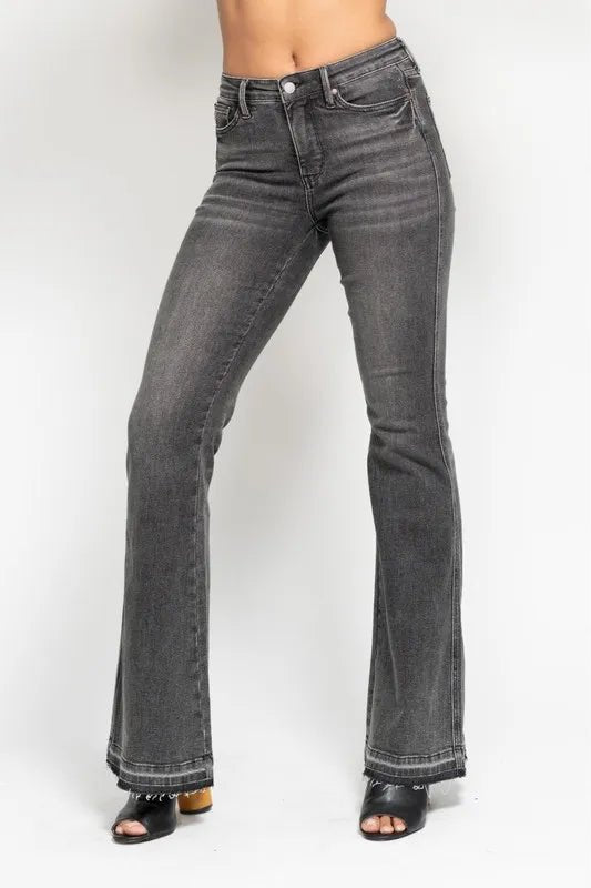 Judy Blue Plus Size Mid Rise Tummy Control Washed Gray Flare Jeans - AMVIM