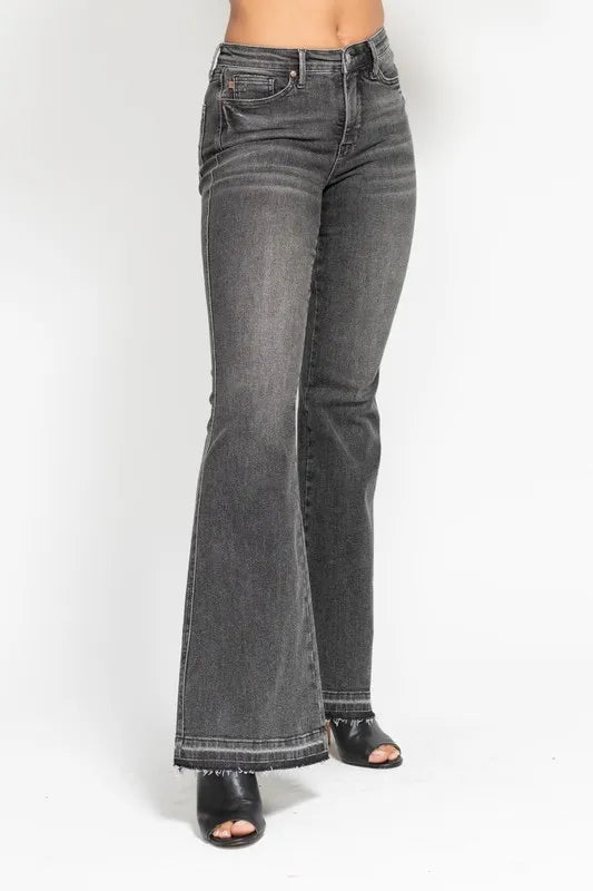 Judy Blue Plus Size Mid Rise Tummy Control Washed Gray Flare Jeans - AMVIM