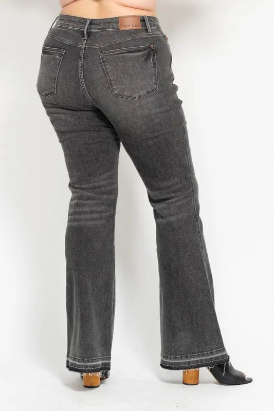Judy Blue Plus Size Mid Rise Tummy Control Washed Gray Flare Jeans - AMVIM