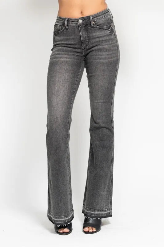 Judy Blue Plus Size Mid Rise Tummy Control Washed Gray Flare Jeans - AMVIM