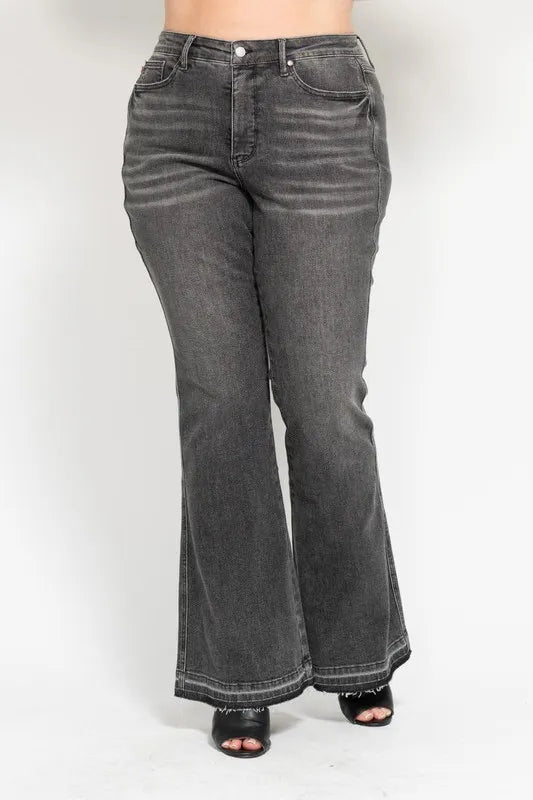 Judy Blue Plus Size Mid Rise Tummy Control Washed Gray Flare Jeans - AMVIM