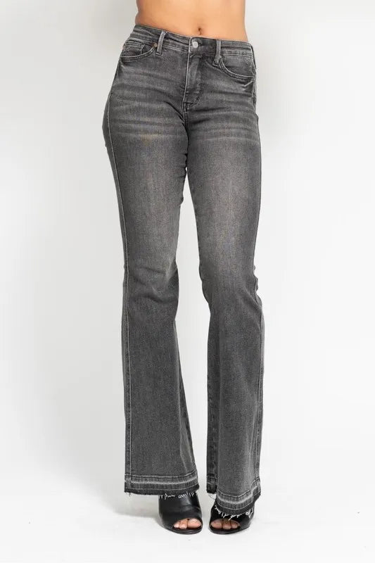 Judy Blue Plus Size Mid Rise Tummy Control Washed Gray Flare Jeans - AMVIM