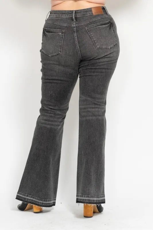 Judy Blue Plus Size Mid Rise Tummy Control Washed Gray Flare Jeans - AMVIM