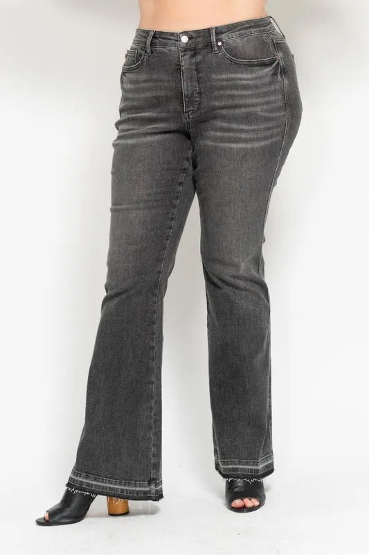 Judy Blue Plus Size Mid Rise Tummy Control Washed Gray Flare Jeans - AMVIM
