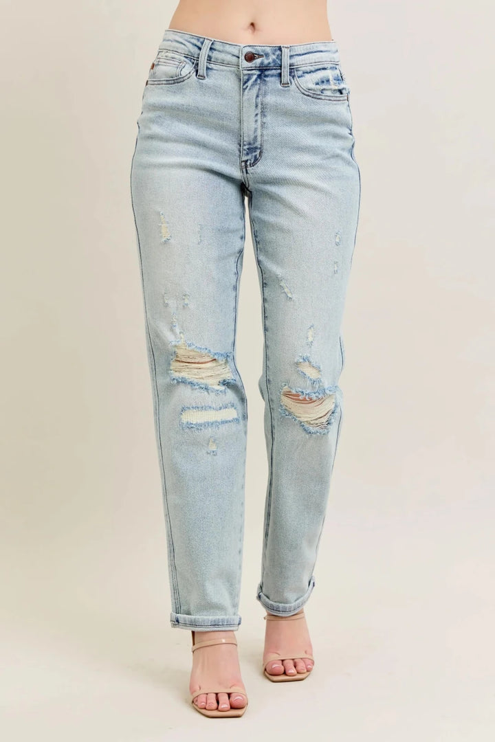 Judy Blue Plus Size Mr. Repair Stitch Detail Distressed Boyfriend Jeans - AMVIM